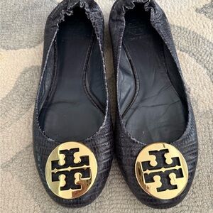 Tory Burch Textured Black Loafers with Gold Logo